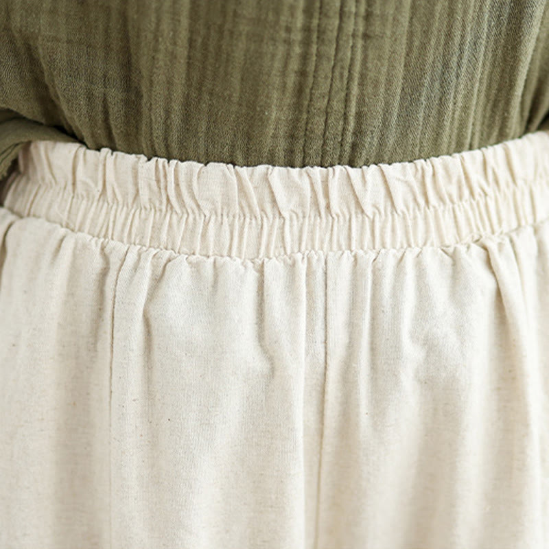 Buddha Stones Casual Plain Lace Splicing Cotton Linen Women's Cropped Wide Leg Pants With Pockets - image 6