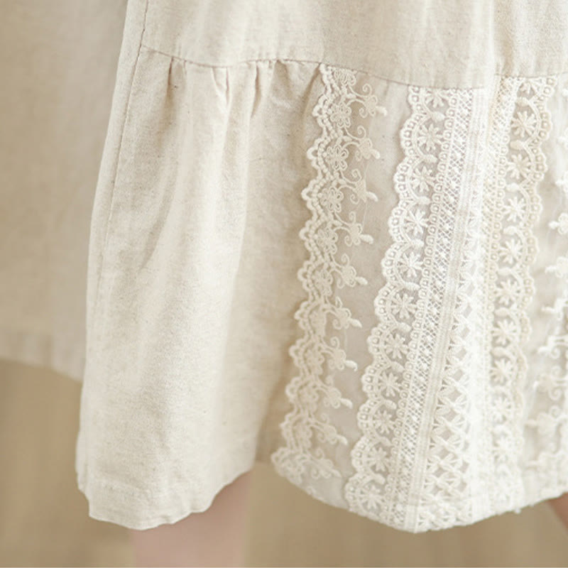 Buddha Stones Casual Plain Lace Splicing Cotton Linen Women's Cropped Wide Leg Pants With Pockets - image 9