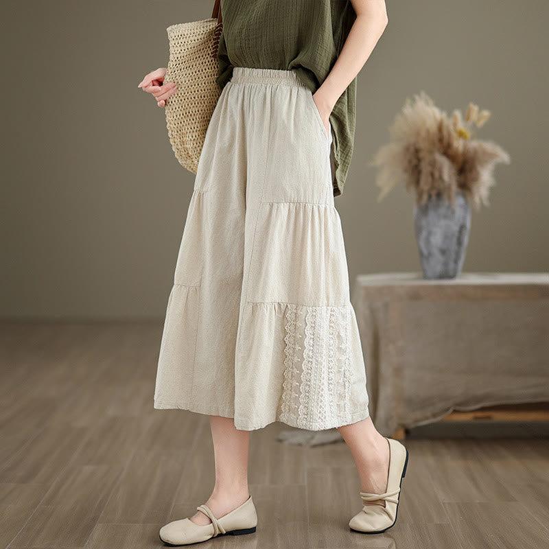 Buddha Stones Casual Plain Lace Splicing Cotton Linen Women's Cropped Wide Leg Pants With Pockets - image 2