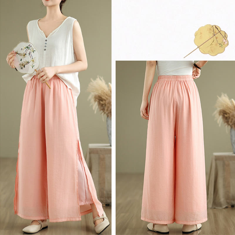 Buddha Stones Casual Vintage Side Slit Hem Design Cotton Linen Women's Wide Leg Pants With Pockets - image 7