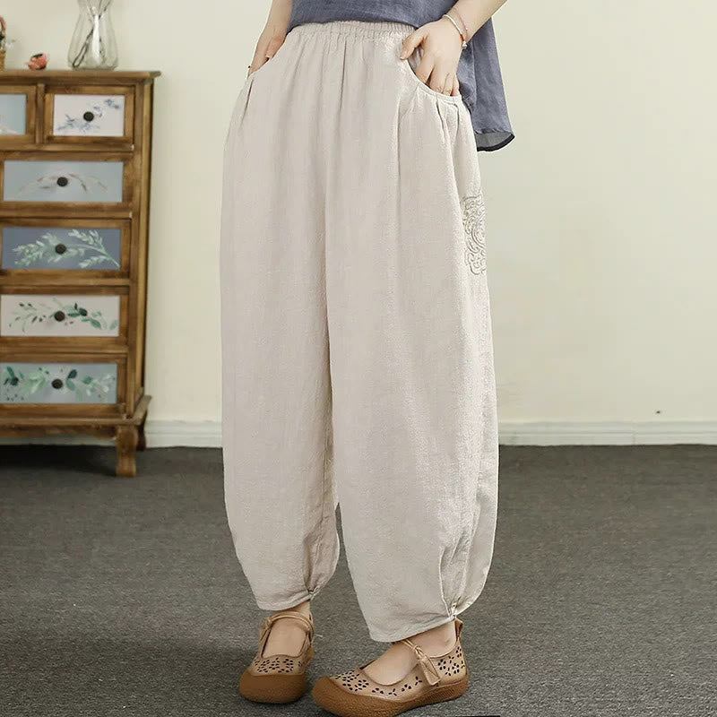 Buddha Stones Vintage Solid Color Embroidery Cotton Linen Women's 7-8 Length Harem Pants With Pockets - Beige - US8-10，UK/AU12-14，EU40-42 (2XL) - image 0