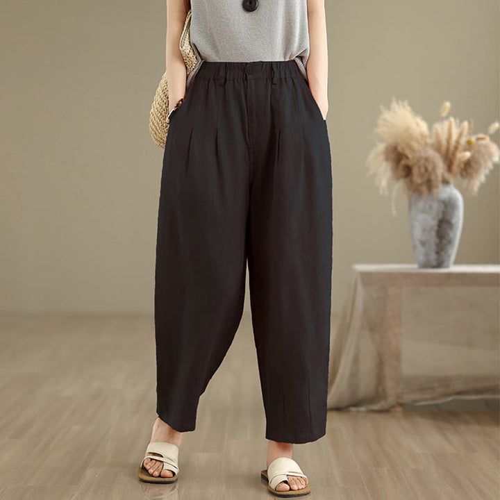 Buddha Stones Casual Summer Solid Color High Waist Women's Cotton Linen Harem Pants With Pockets - Black - US8-10，UK/AU12-14，EU40-42 (2XL) - image 9
