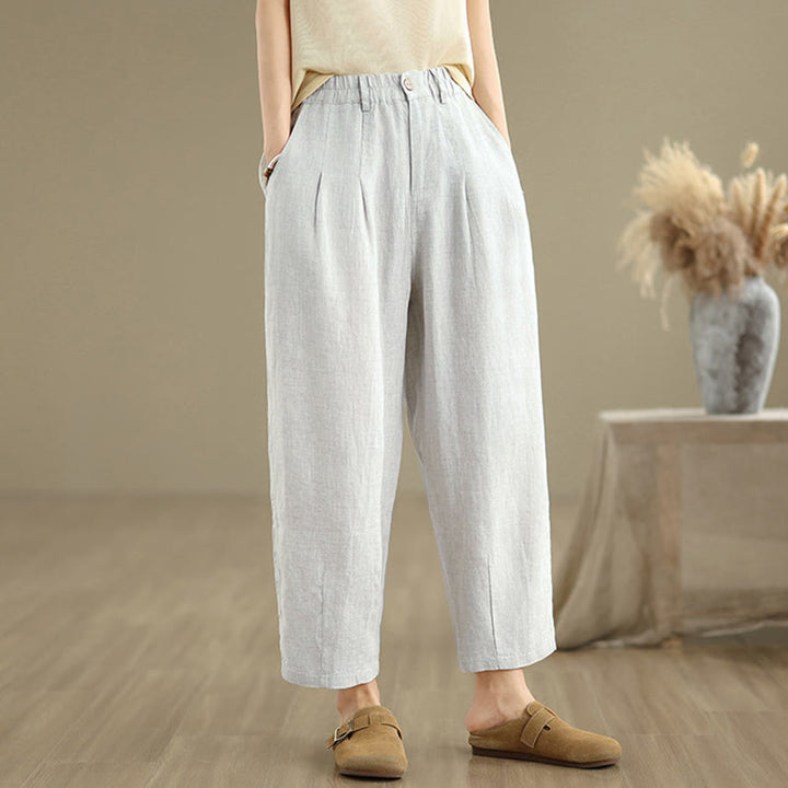 Buddha Stones Casual Summer Solid Color High Waist Women's Cotton Linen Harem Pants With Pockets - image 1