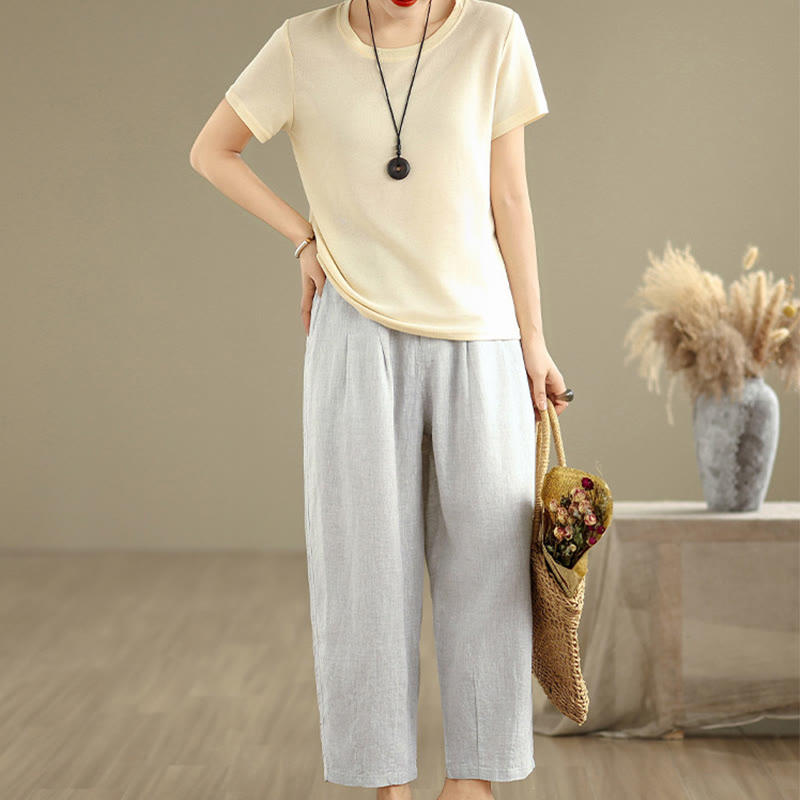 Buddha Stones Casual Summer Solid Color High Waist Women's Cotton Linen Harem Pants With Pockets - image 4