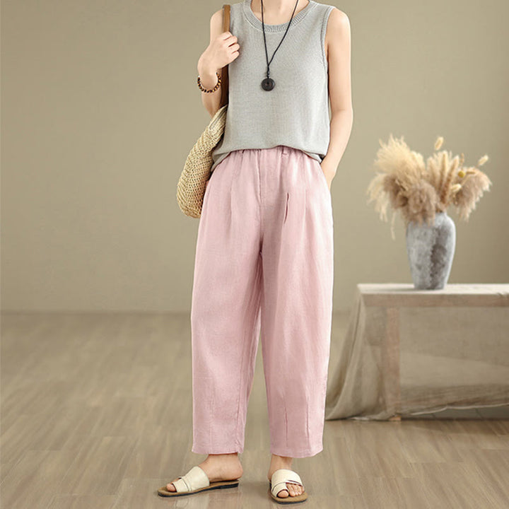 Buddha Stones Casual Summer Solid Color High Waist Women's Cotton Linen Harem Pants With Pockets - image 16