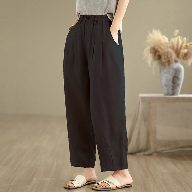 Buddha Stones Casual Summer Solid Color High Waist Women's Cotton Linen Harem Pants With Pockets - image 10