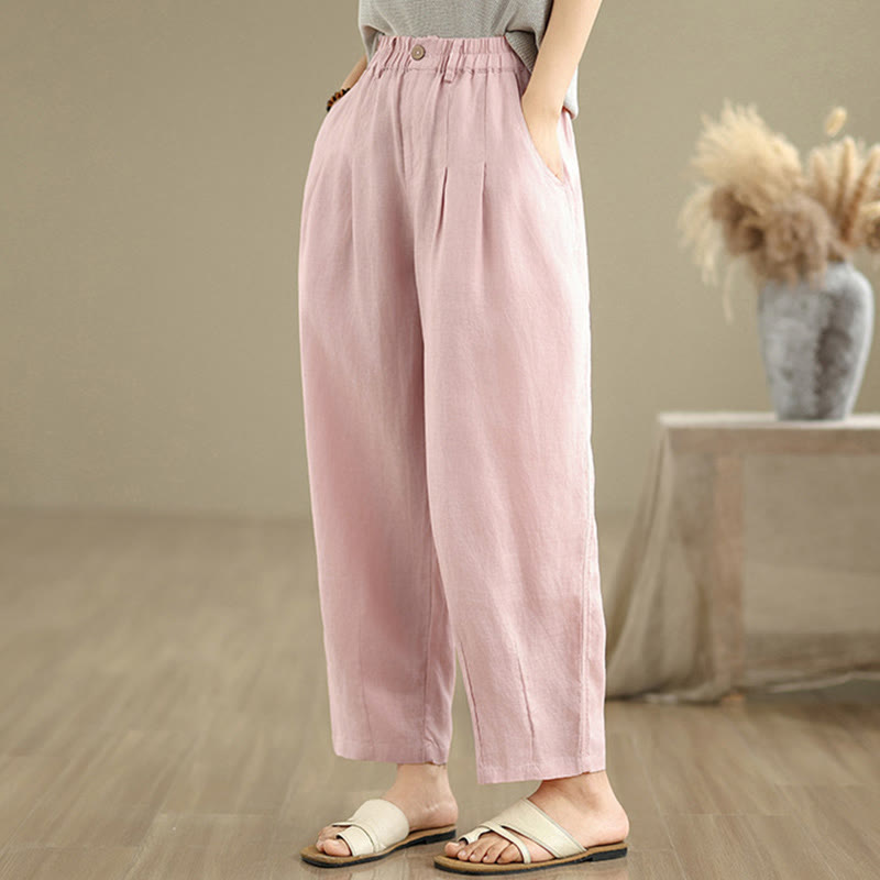 Buddha Stones Casual Summer Solid Color High Waist Women's Cotton Linen Harem Pants With Pockets - image 13