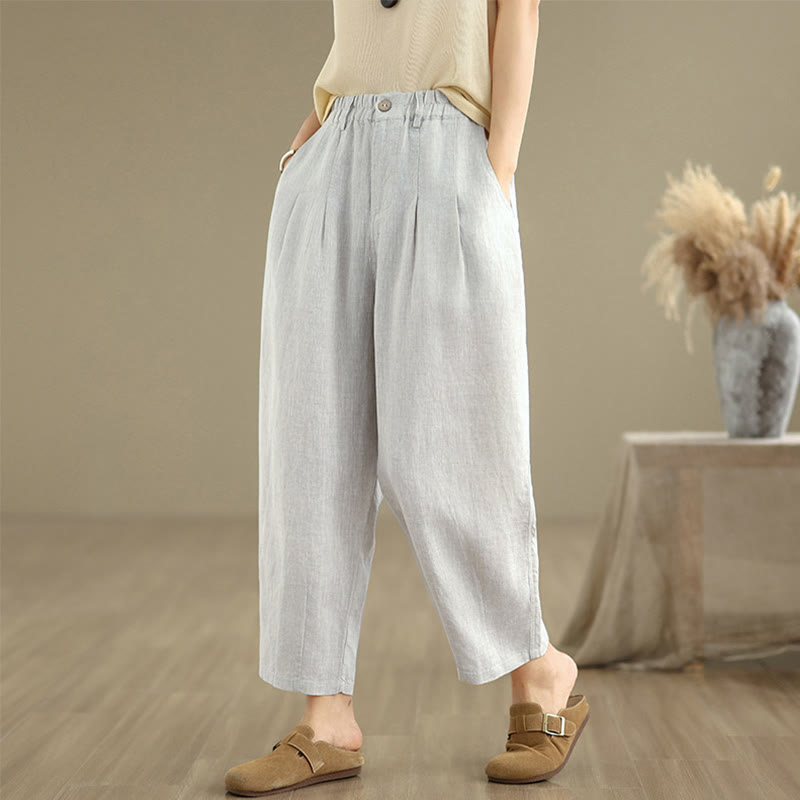 Buddha Stones Casual Summer Solid Color High Waist Women's Cotton Linen Harem Pants With Pockets - image 2