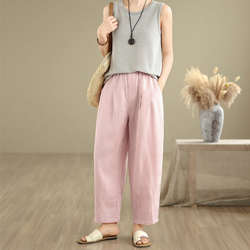 Buddha Stones Casual Summer Solid Color High Waist Women's Cotton Linen Harem Pants With Pockets - image 16
