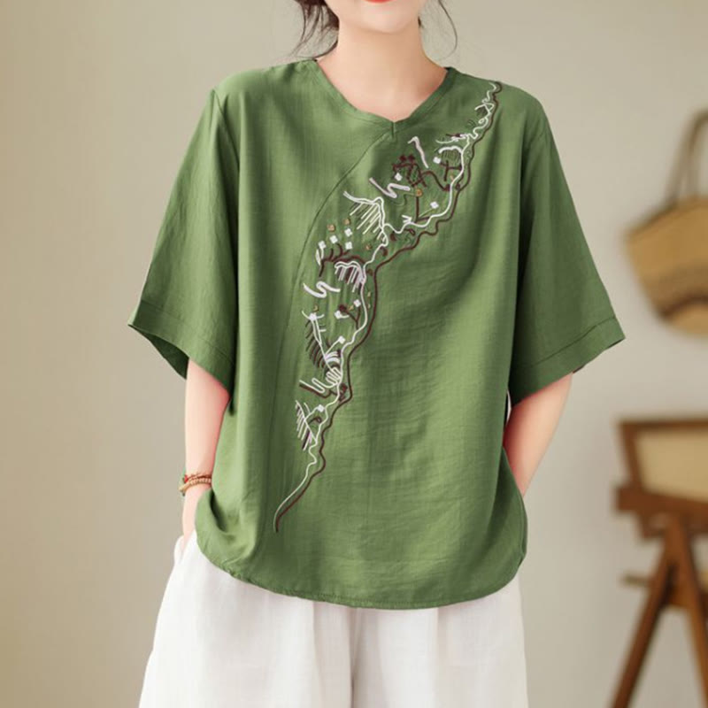Buddha Stones Ethnic Casual Embroidered Geometry Pattern Women's Crew Neck Design Half Sleeve T-Shirt - ForestGreen - US14，UK/AU18，EU46 (4XL) - image 0