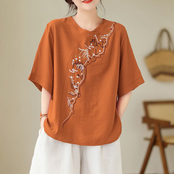 Buddha Stones Ethnic Casual Embroidered Geometry Pattern Women's Crew Neck Design Half Sleeve T-Shirt - image 7