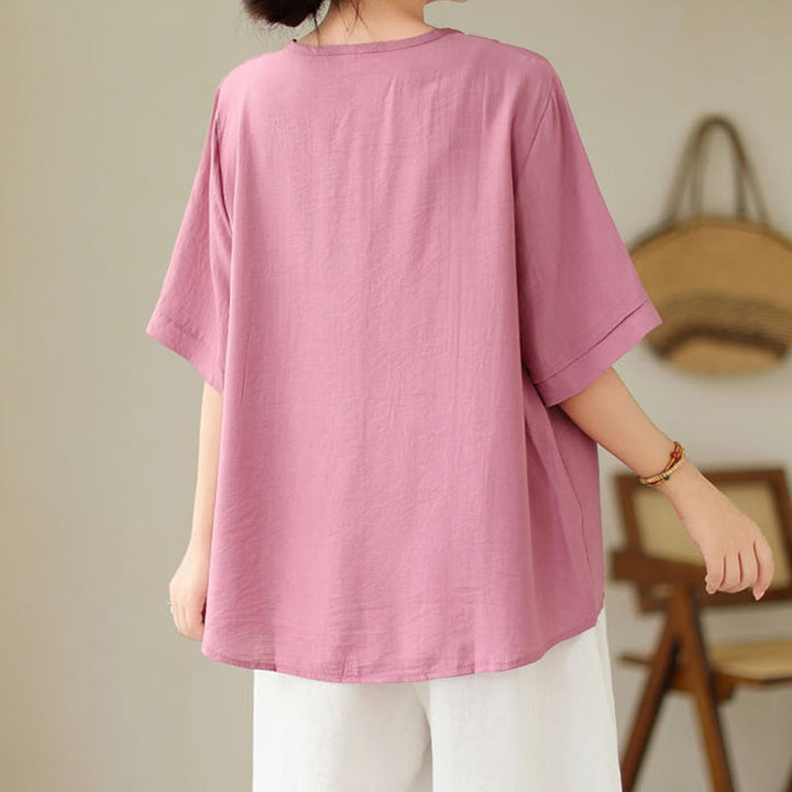 Buddha Stones Ethnic Casual Embroidered Geometry Pattern Women's Crew Neck Design Half Sleeve T-Shirt - image 4