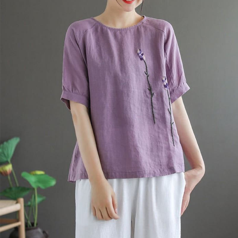 Buddha Stones Summer Vintage Embroidered Flower Pattern Women's Crew Neck Design Cotton Linen T-Shirt - image 3