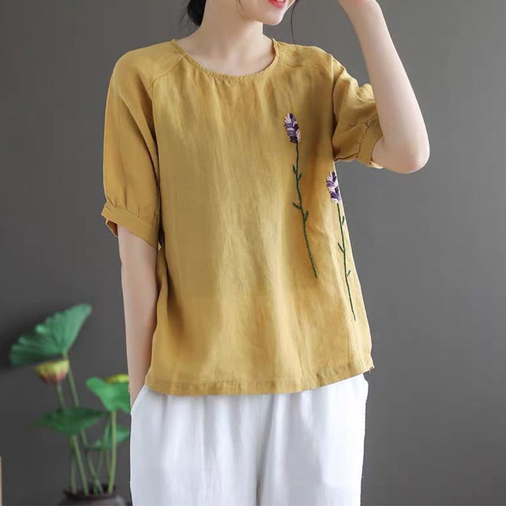Buddha Stones Summer Vintage Embroidered Flower Pattern Women's Crew Neck Design Cotton Linen T-Shirt - image 10
