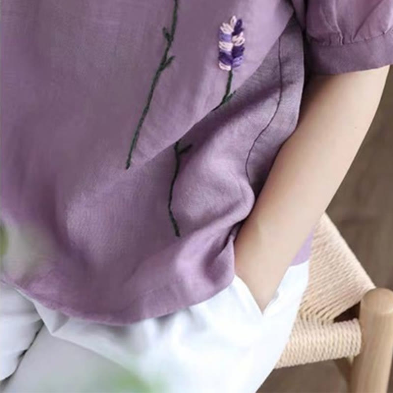 Buddha Stones Summer Vintage Embroidered Flower Pattern Women's Crew Neck Design Cotton Linen T-Shirt - image 5