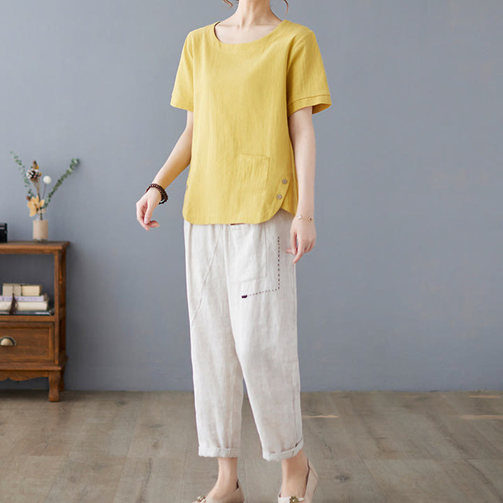 Buddha Stones Side Slit Design Women's Cotton Linen Crew Neck Short Sleeve T-Shirt Wtih Pocket - image 5