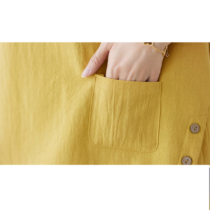 Buddha Stones Side Slit Design Women's Cotton Linen Crew Neck Short Sleeve T-Shirt Wtih Pocket - image 11