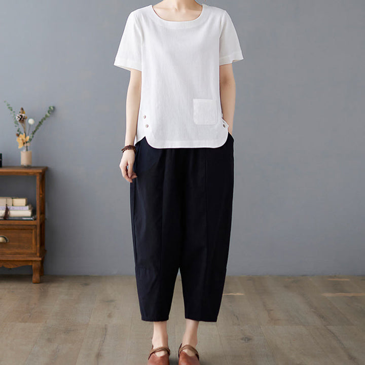 Buddha Stones Side Slit Design Women's Cotton Polyester Crew Neck Short Sleeve T-Shirt Wtih Pocket - image 15