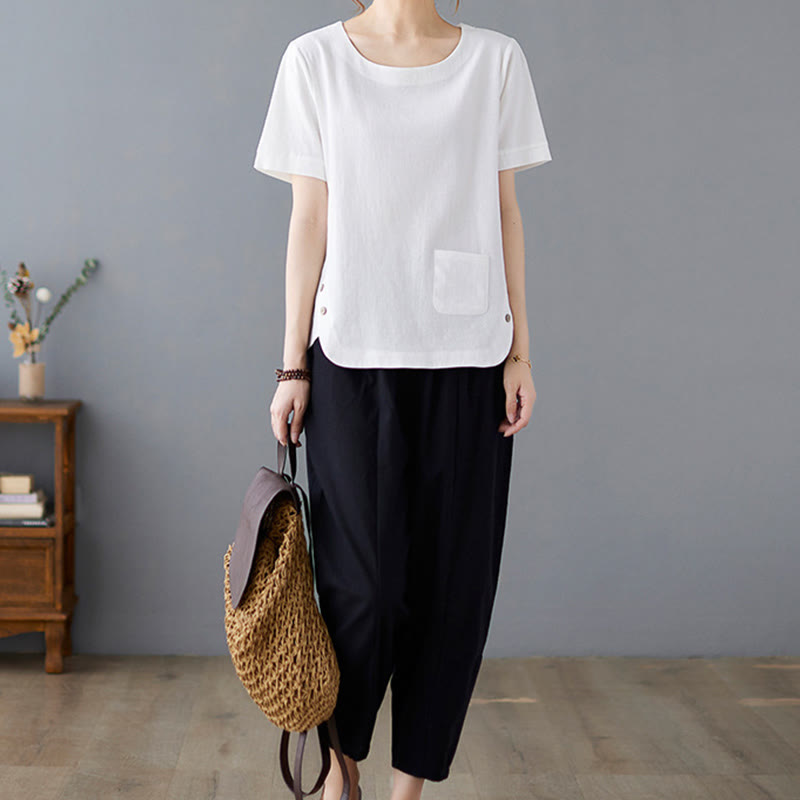Buddha Stones Side Slit Design Women's Cotton Polyester Crew Neck Short Sleeve T-Shirt Wtih Pocket - image 17