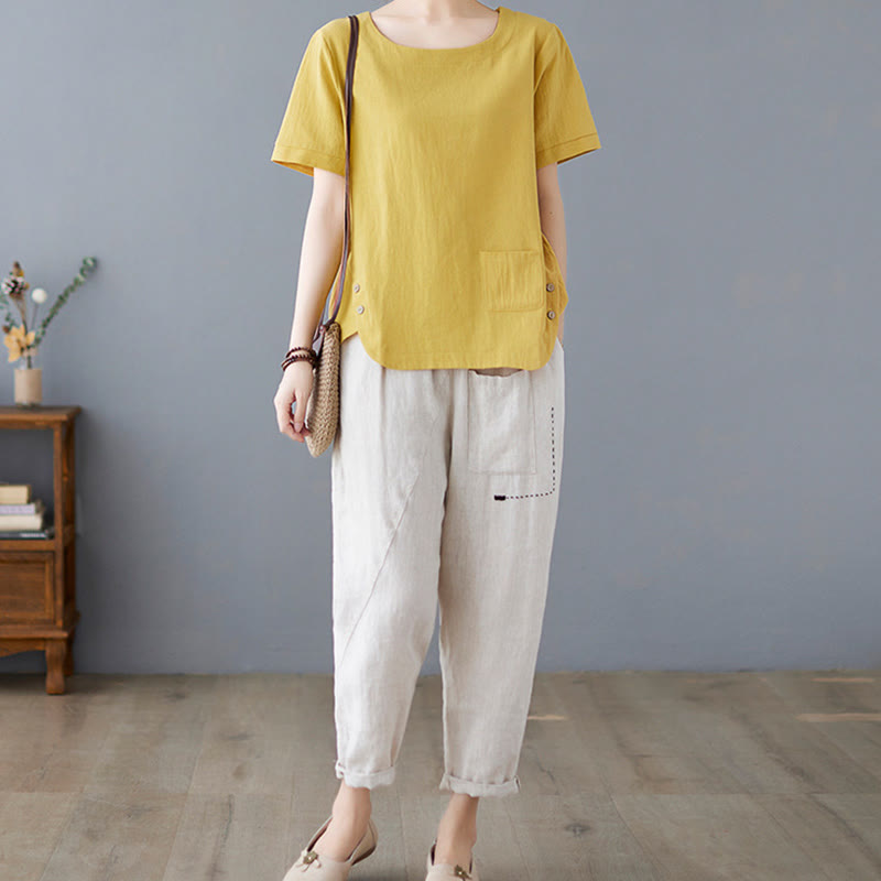 Buddha Stones Side Slit Design Women's Cotton Polyester Crew Neck Short Sleeve T-Shirt Wtih Pocket - image 6