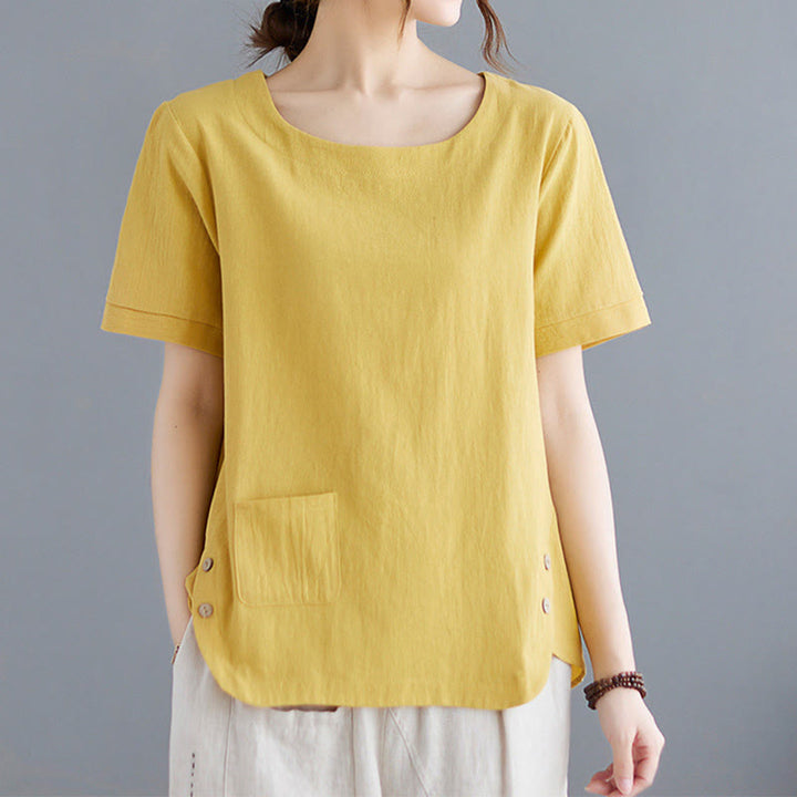 Buddha Stones Side Slit Design Women's Cotton Polyester Crew Neck Short Sleeve T-Shirt Wtih Pocket - image 3