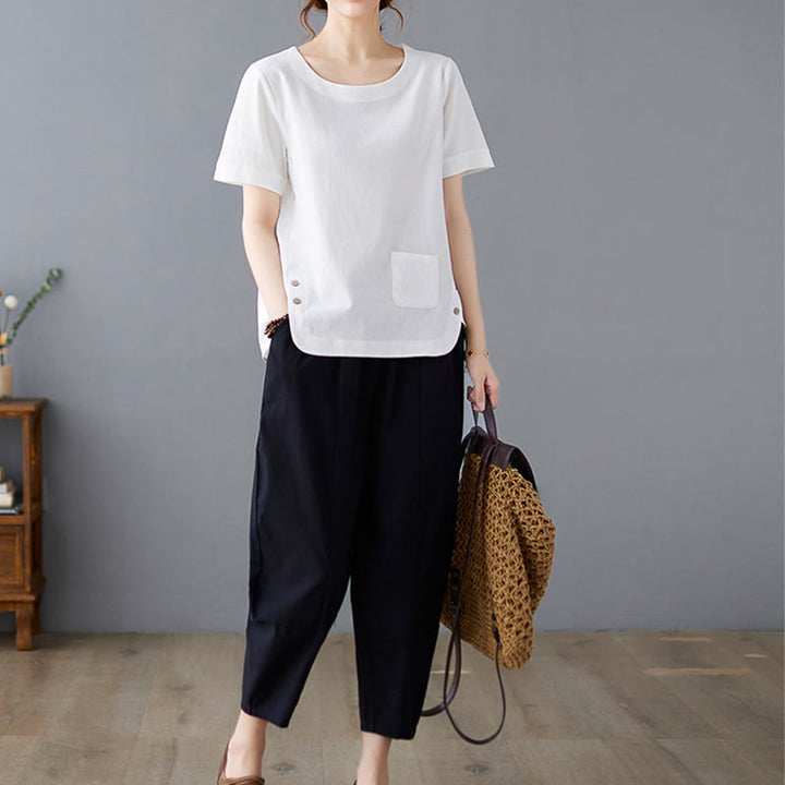 Buddha Stones Side Slit Design Women's Cotton Linen Crew Neck Short Sleeve T-Shirt Wtih Pocket - image 18