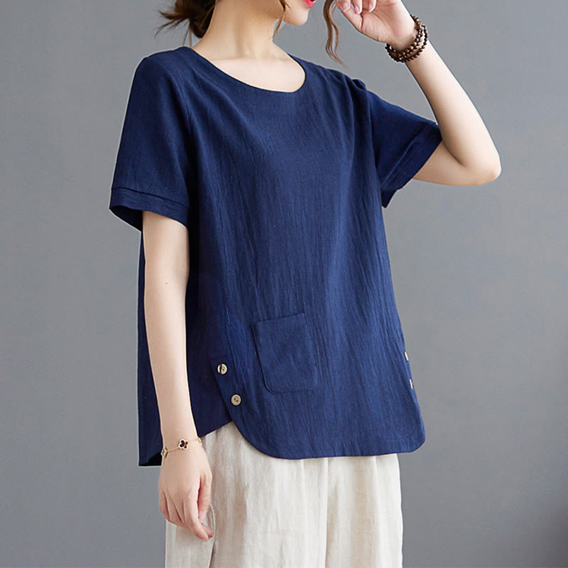 Buddha Stones Side Slit Design Women's Cotton Linen Crew Neck Short Sleeve T-Shirt Wtih Pocket - image 20