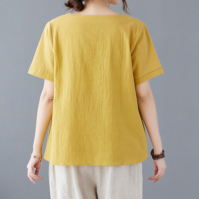 Buddha Stones Side Slit Design Women's Cotton Linen Crew Neck Short Sleeve T-Shirt Wtih Pocket - image 1