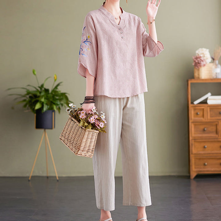 Buddha Stones Summer Embroidery Flower Three Quarter Sleeve Design Women's Cotton Linen  Notched Collar Shirt - image 5