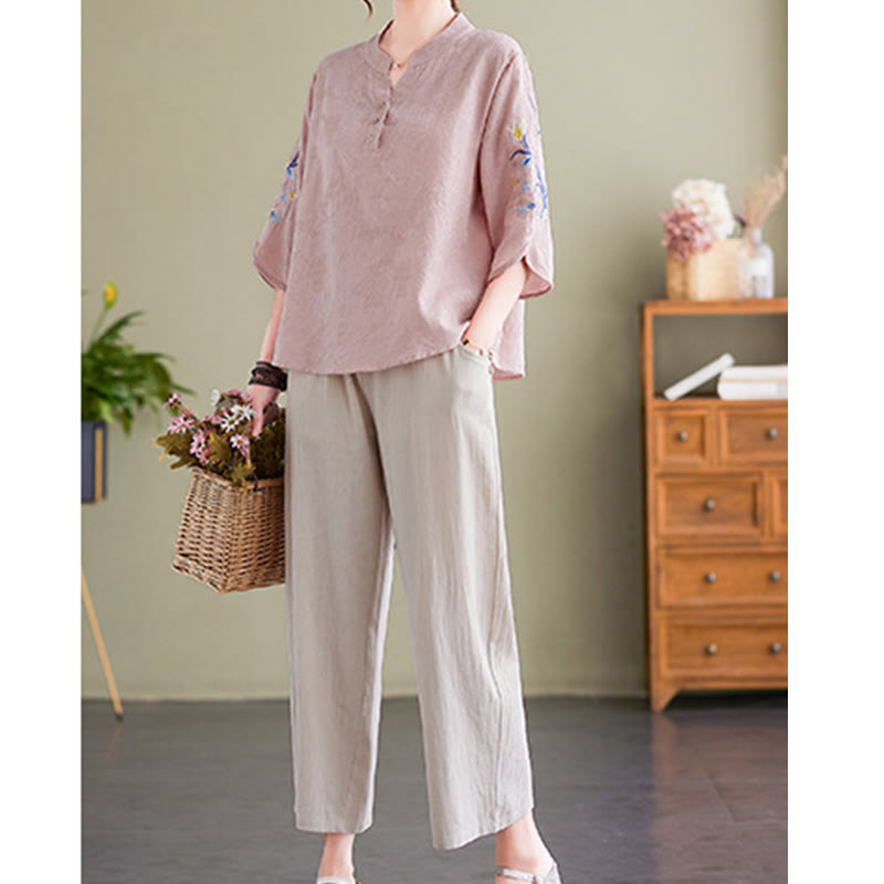 Buddha Stones Summer Embroidery Flower Three Quarter Sleeve Design Women's Cotton Linen  Notched Collar Shirt - image 1