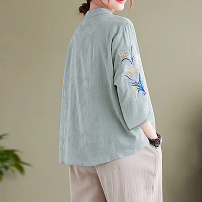Buddha Stones Summer Embroidery Flower Three Quarter Sleeve Design Women's Cotton Linen  Notched Collar Shirt - image 7