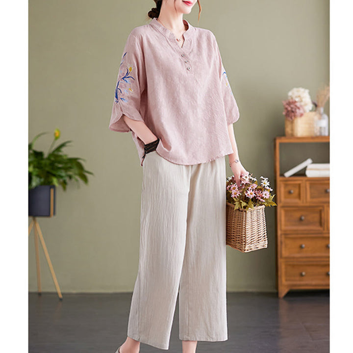 Buddha Stones Summer Embroidery Flower Three Quarter Sleeve Design Women's Cotton Linen  Notched Collar Shirt - image 3