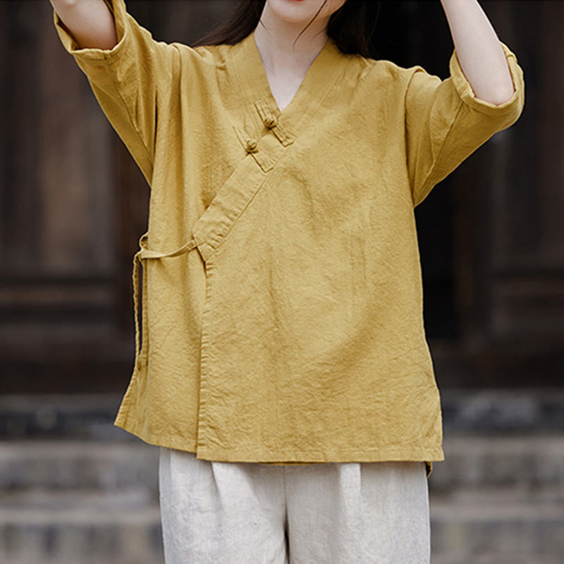 Buddha Stones Vintage  Zen Pure Color Lace Up Side Patchwork Design Women's Cotton Linen Half Sleeve Shirt Cardigan - image 1