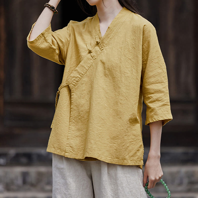 Buddha Stones Vintage  Zen Pure Color Lace Up Side Patchwork Design Women's Cotton Linen Half Sleeve Shirt - Khaki - US8-10，UK/AU12-14，EU40-42 (2XL) - image 0