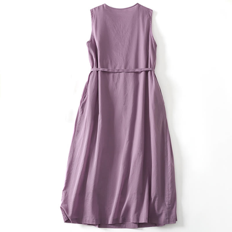 Buddha Stones Casual Vintage Solid Color Accordion Design Sleeveless Cotton Midi Dress With Pockets - image 2