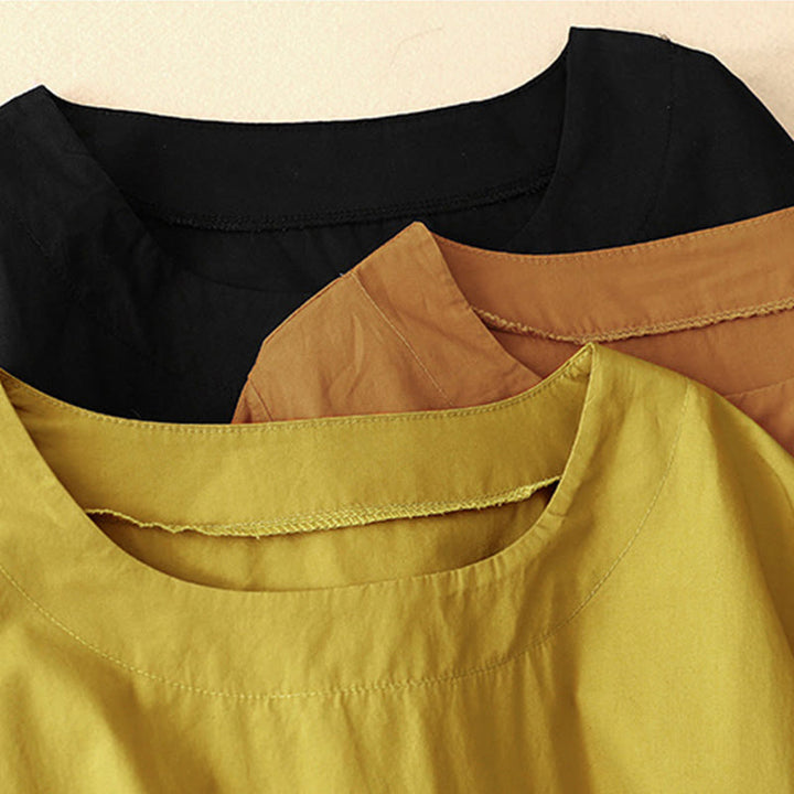 Buddha Stones Summer Plain Crew Neck Simple Short Sleeve Design Midi Dress With Pockets - image 26