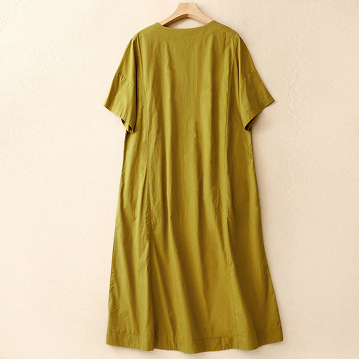 Buddha Stones Summer Plain Crew Neck Simple Short Sleeve Design Midi Dress With Pockets - image 16