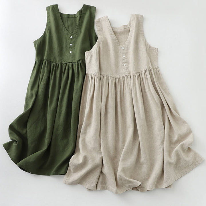 Buddha Stones Daily Casual Pure Color V-Neck Simple Buttons Design Sleeveless Midi Dress - image 17