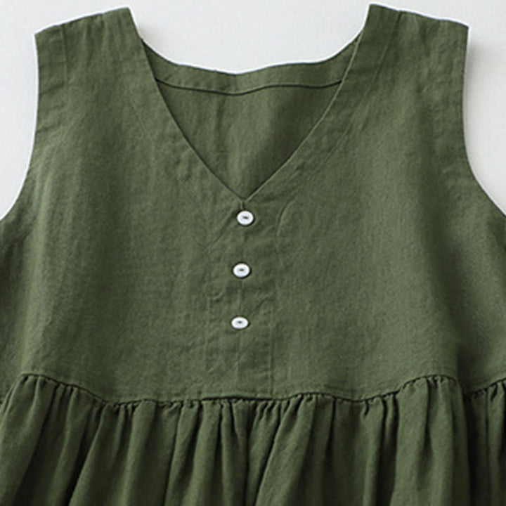 Buddha Stones Daily Casual Pure Color V-Neck Simple Buttons Design Sleeveless Midi Dress