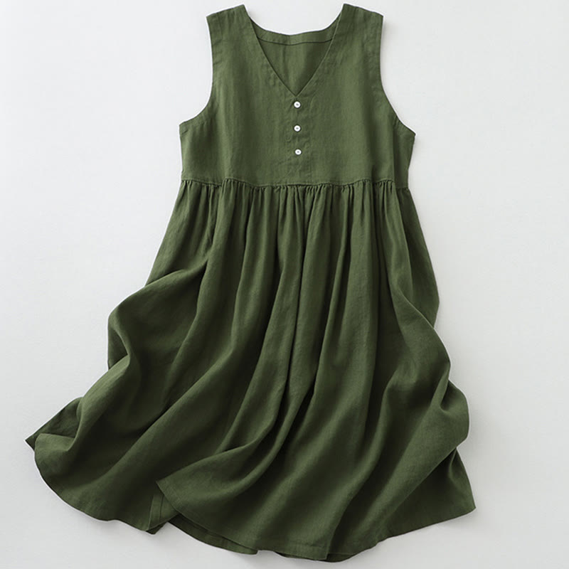 Buddha Stones Daily Casual Pure Color V-Neck Simple Buttons Design Sleeveless Midi Dress