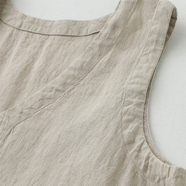Buddha Stones Daily Casual Pure Color V-Neck Simple Buttons Design Sleeveless Midi Dress