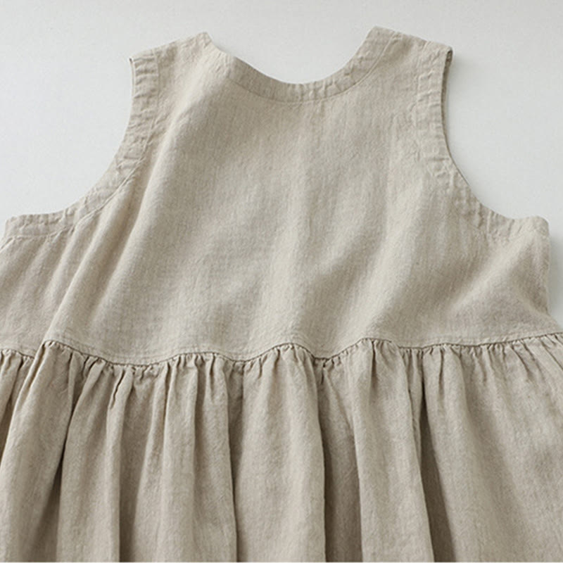 Buddha Stones Daily Casual Pure Color V-Neck Simple Buttons Design Sleeveless Midi Dress - image 3