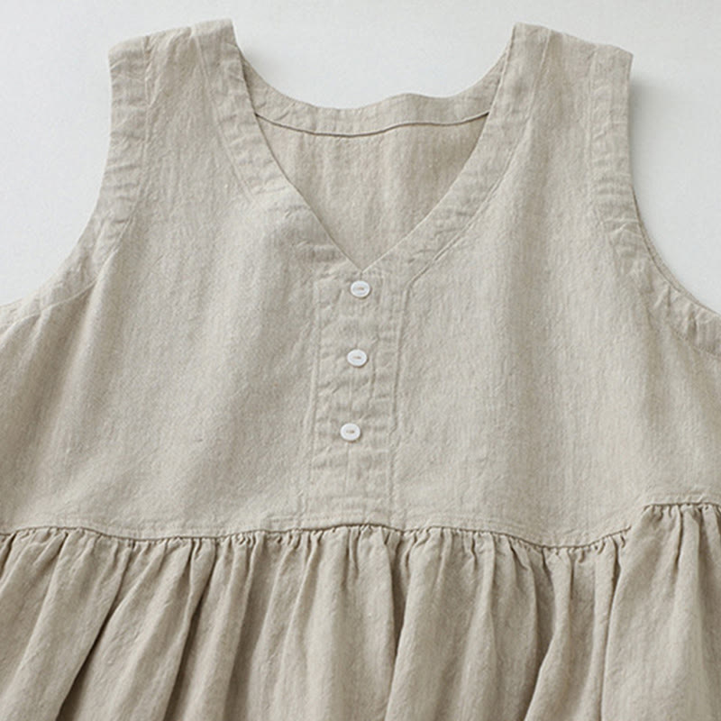 Buddha Stones Daily Casual Pure Color V-Neck Simple Buttons Design Sleeveless Midi Dress