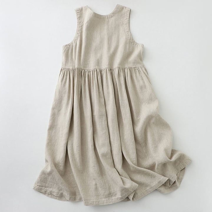 Buddha Stones Daily Casual Pure Color V-Neck Simple Buttons Design Sleeveless Midi Dress