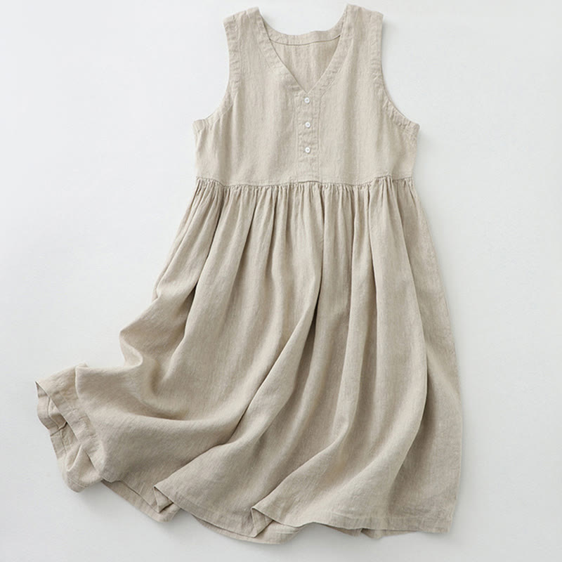 Buddha Stones Daily Casual Pure Color V-Neck Simple Buttons Design Sleeveless Midi Dress - Linen - US8-10，UK/AU12-14，EU40-42 (2XL) - image 0