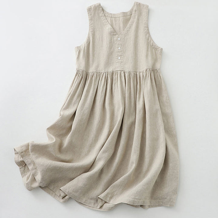 Buddha Stones Daily Casual Pure Color V-Neck Simple Buttons Design Sleeveless Midi Dress - Linen - US8-10，UK/AU12-14，EU40-42 (2XL) - image 0