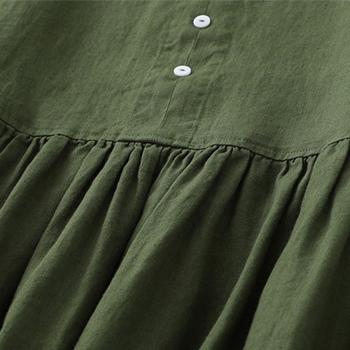 Buddha Stones Daily Casual Pure Color V-Neck Simple Buttons Design Sleeveless Midi Dress