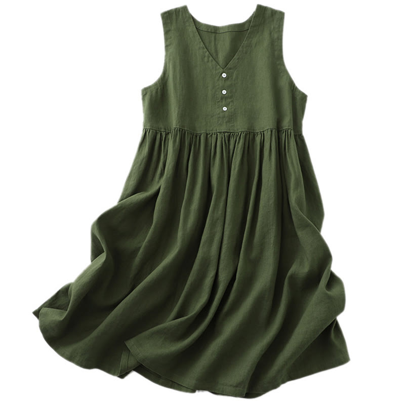 Buddha Stones Daily Casual Pure Color V-Neck Simple Buttons Design Sleeveless Midi Dress