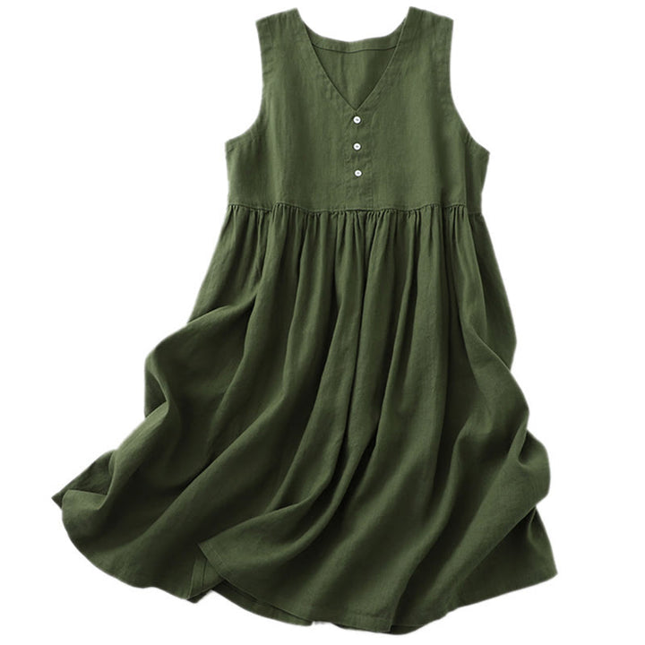 Buddha Stones Daily Casual Pure Color V-Neck Simple Buttons Design Sleeveless Midi Dress