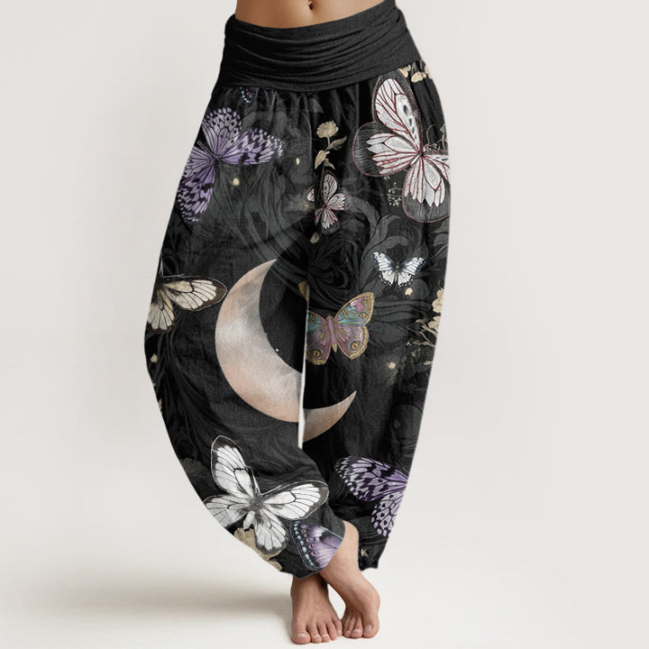 Buddha Stones Butterfly Flowers Crescent Moon Pattern Design Women's Elastic Waist Harem Pants - Black - US22，UK/AU26，EU54 (6XL) - image 0
